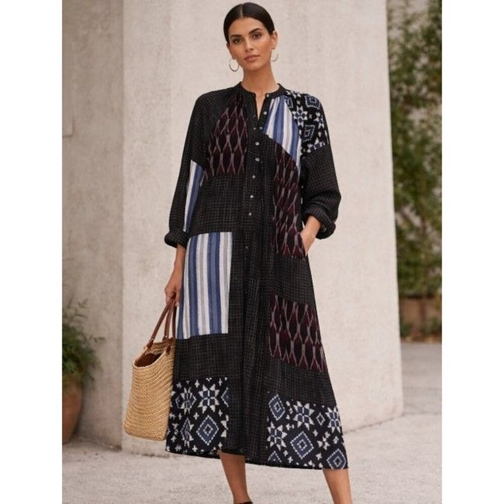Patchwork Midi Shirt Dress Boho Mixed Print Button Front Sleeve Artsy Boho M